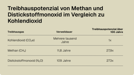 Chart comparing the global warming potential of methane and nitrous oxide in comparison with carbon dioxide