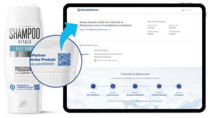 Produkt mit Label ClimatePartner-zertifiziert und Screenshot von dazugehöriger Climate-ID-Page