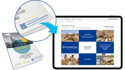 Catalogue with financial climate contribution label leading to ID tracking page