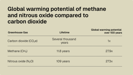 Chart comparing the global warming potential of methane and nitrous oxide in comparison with carbon dioxide