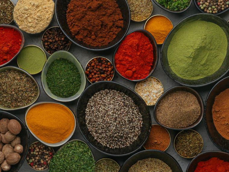 Colourful spices in bowls