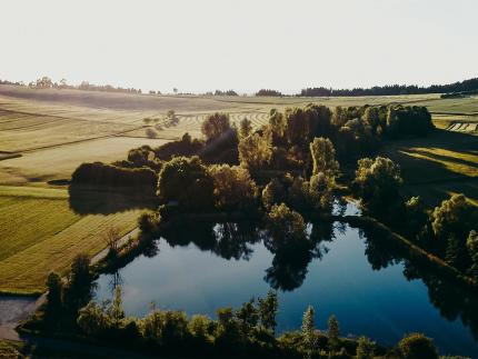 Landscape with lake and fields in the background