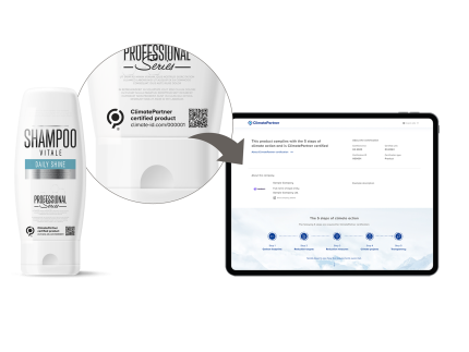 Shampoo with label ClimatePartner certified and screenshot of Climate ID page