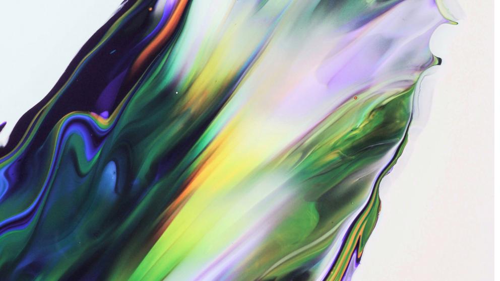 Abstract visual with green, blue, yellow, lilac colours