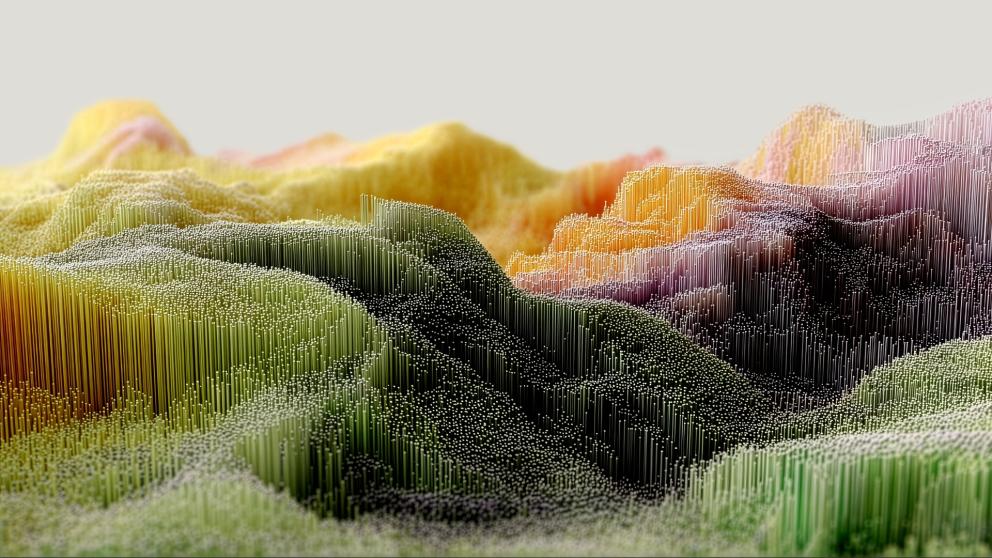 Landscape made up of data points, colourful