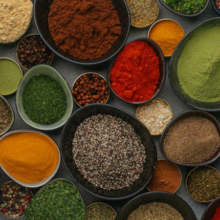 Colourful spices in bowls