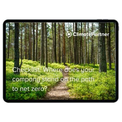 trees in a forest with the text hecklist: Where does your company  stand on the path to net zero?