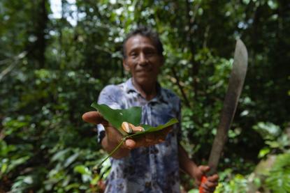 indigenous man in tropical forest